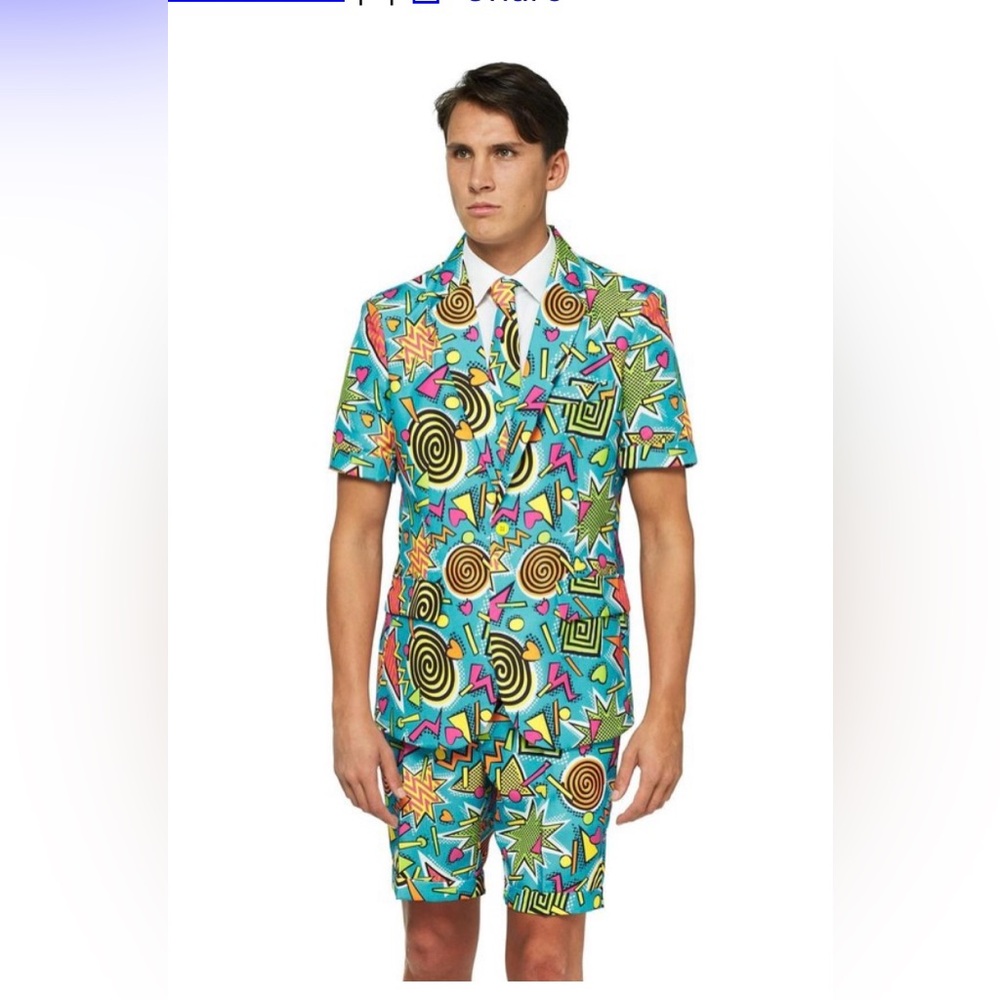 Suitmeister Retro Blue Colorful Geometric Patterned Suit Size L